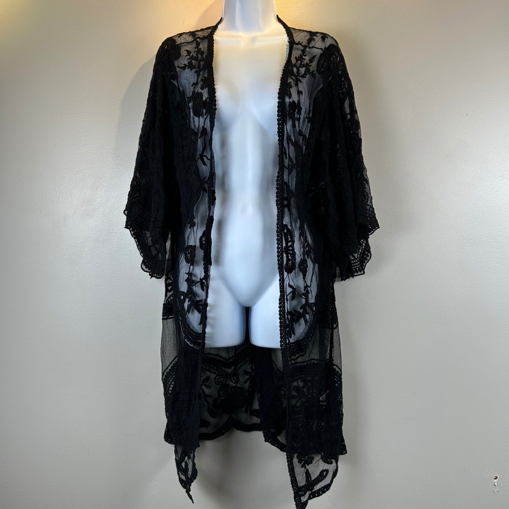 Jodifl Black Sheer Floral Lace Kimono Wrap Cardigan S1156 M/L Boho Cover Up
